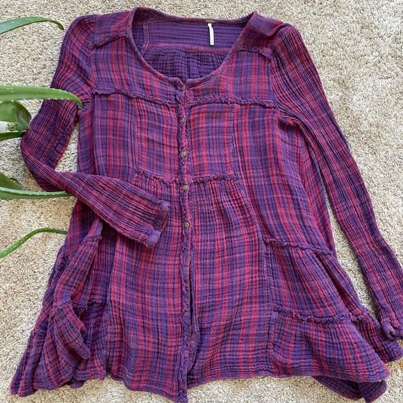 Free People Whistle While You Work Plaid Button Down Tunic Flannel Shirt - Picture 3 of 6